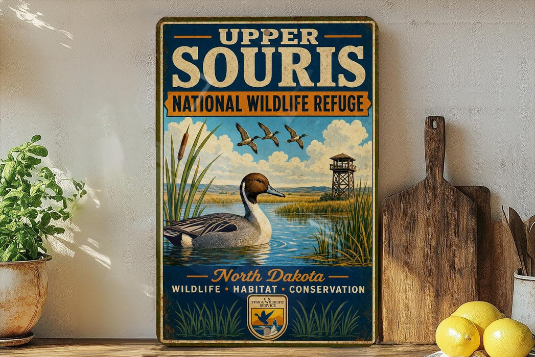 A vintage-style metal sign for Upper Souris National Wildlife Refuge in North Dakota, featuring an illustration of ducks swimming in a lake surrounded by tall grasses and a birdhouse.