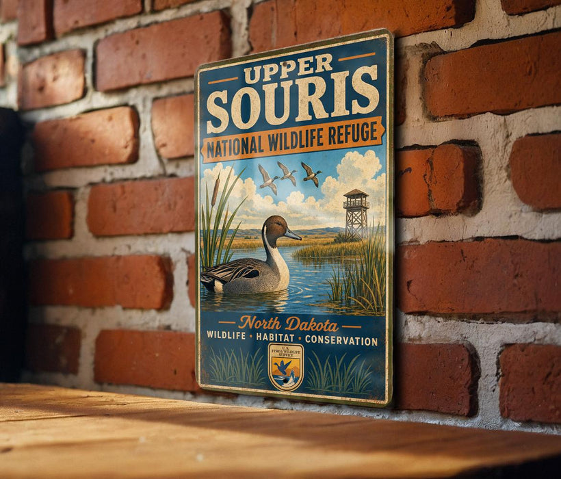 A vintage-style metal sign for Upper Souris National Wildlife Refuge in North Dakota, featuring a duck and a tower in a grassy field.