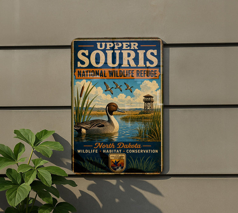 A vintage-style metal sign for Upper Souris National Wildlife Refuge in North Dakota, featuring a duck and a water tower in the background.