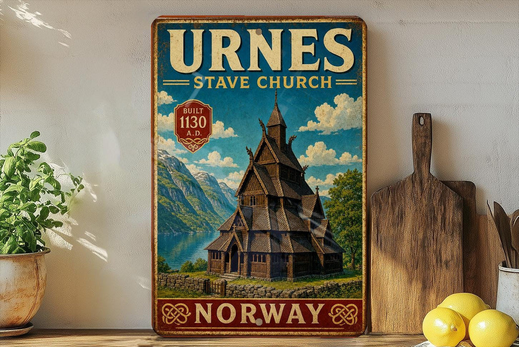 A vintage-style metal sign for the Stave Church in Norway, featuring an illustration of the church and a scenic landscape.