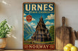 A vintage-style metal sign for the Stave Church in Norway, featuring an illustration of the church and a scenic landscape.