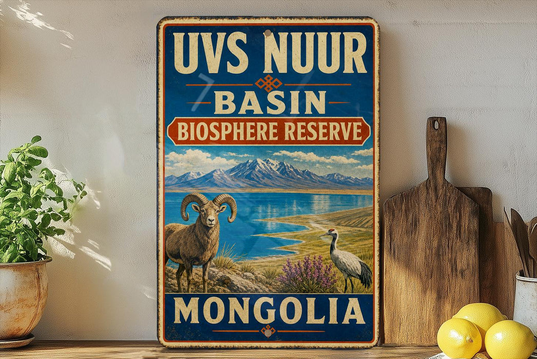 a vintage-style sign for the UVS Nuer Basin Biosphere Reserve in Mongolia, with a mountain landscape and a ram and crane in the foreground.