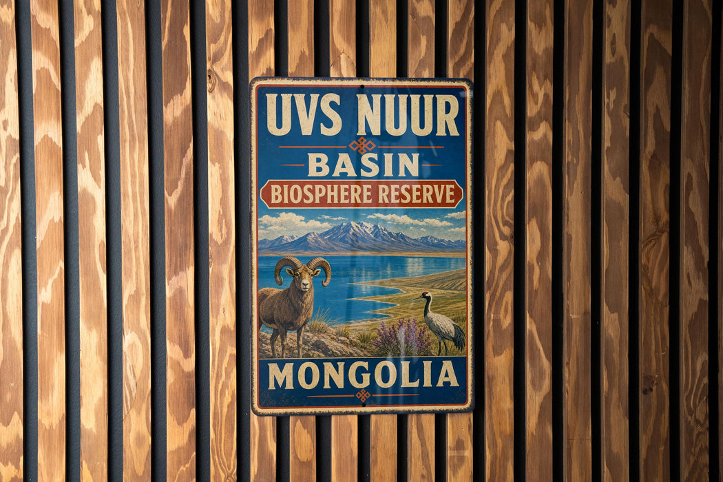 a sign for the UVS Nuur Basin Biosphere Reserve in Mongolia.