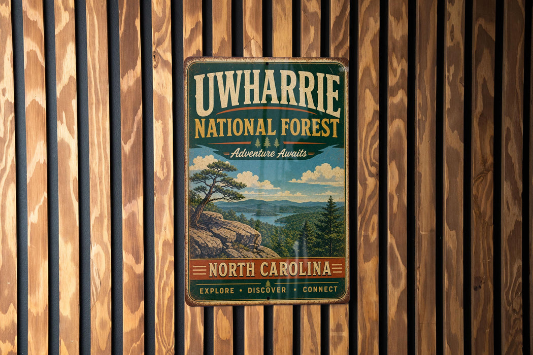 a vintage-style metal sign for the Uwharrie National Forest, mounted on a wooden wall.