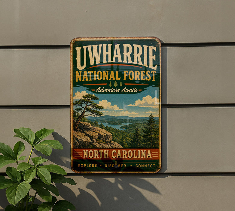 A vintage-style metal sign for Uwharrie National Forest, featuring a scenic landscape with pine trees and mountains.