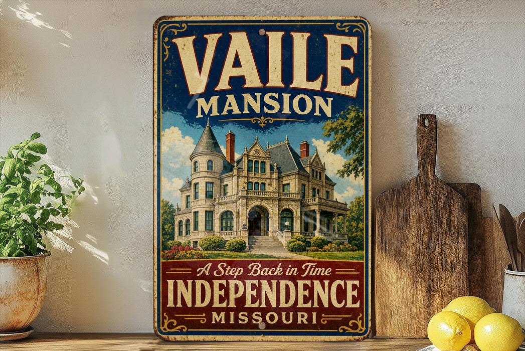 A vintage-style sign for the Vaile Mansion in Independence, Missouri, featuring an illustration of the mansion and the text "A Step Back in Time" and "Independence Missouri".