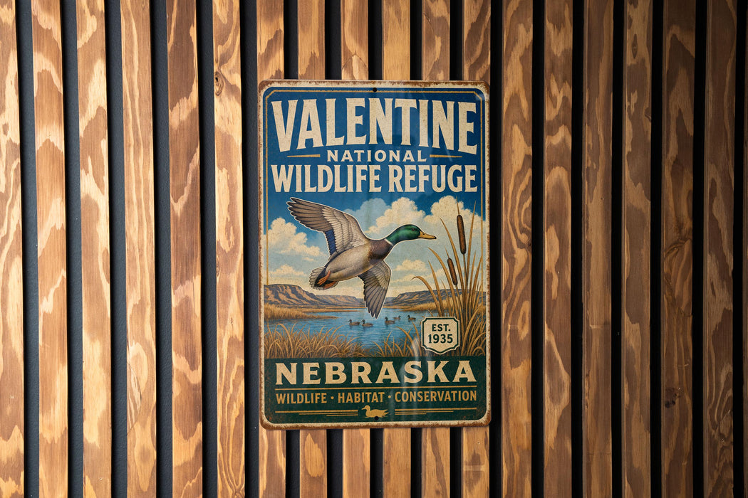 A vintage-style metal sign for the Valentine National Wildlife Refuge in Nebraska, featuring a duck in flight and a scenic landscape.