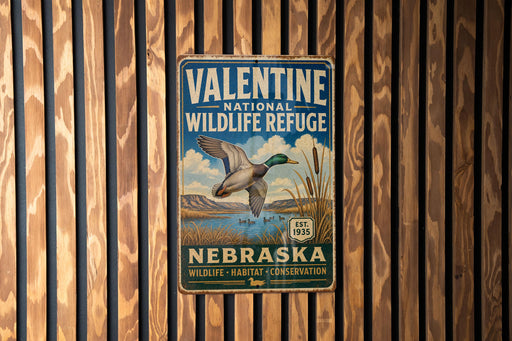 A vintage-style metal sign for the Valentine National Wildlife Refuge in Nebraska, featuring a duck in flight and a scenic landscape.