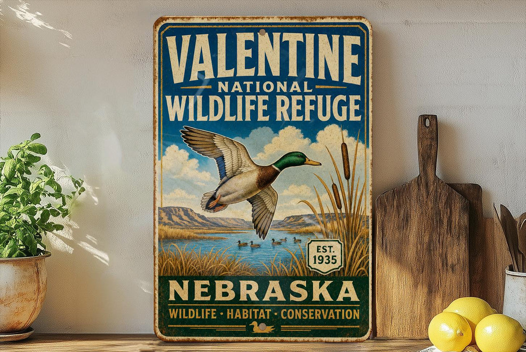 A vintage-style metal sign for Valentine National Wildlife Refuge in Nebraska, featuring a duck in flight over a scenic landscape.