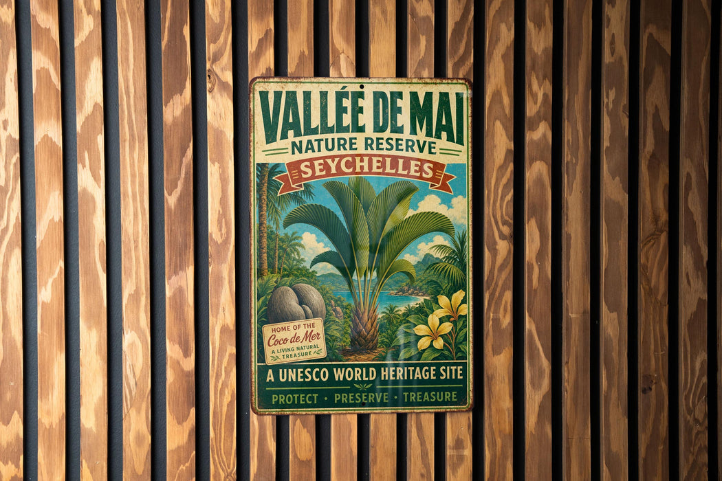 A vintage metal sign advertising the Vallee de Mai Nature Reserve in Seychelles, featuring a palm tree and tropical flowers.