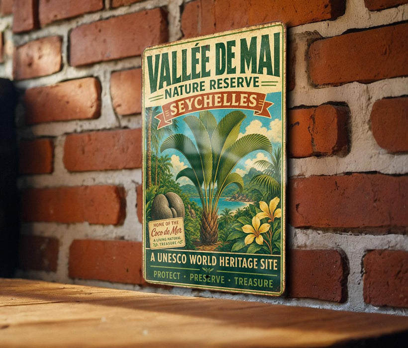 A vintage-style metal sign with a tropical landscape and palm trees is mounted on a brick wall.