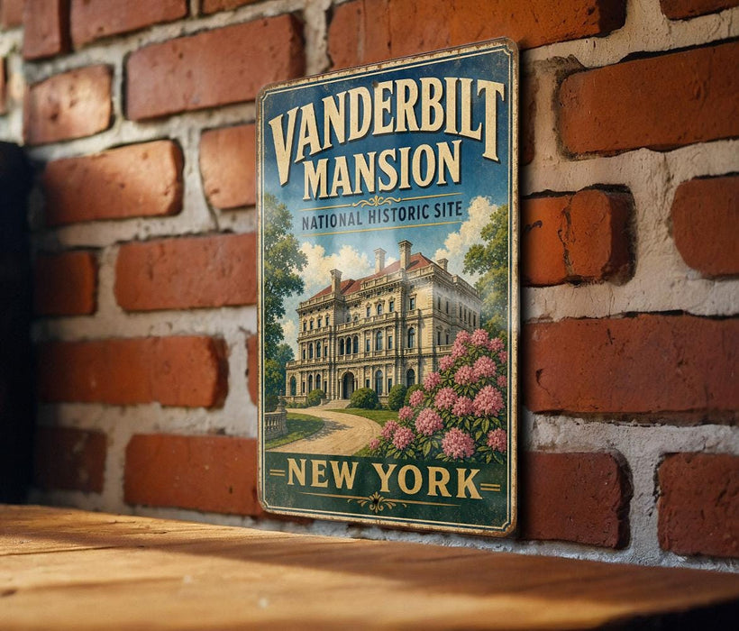 A vintage-style metal sign for the Vanderbilt Mansion, a historic site in New York, is displayed on a brick wall.