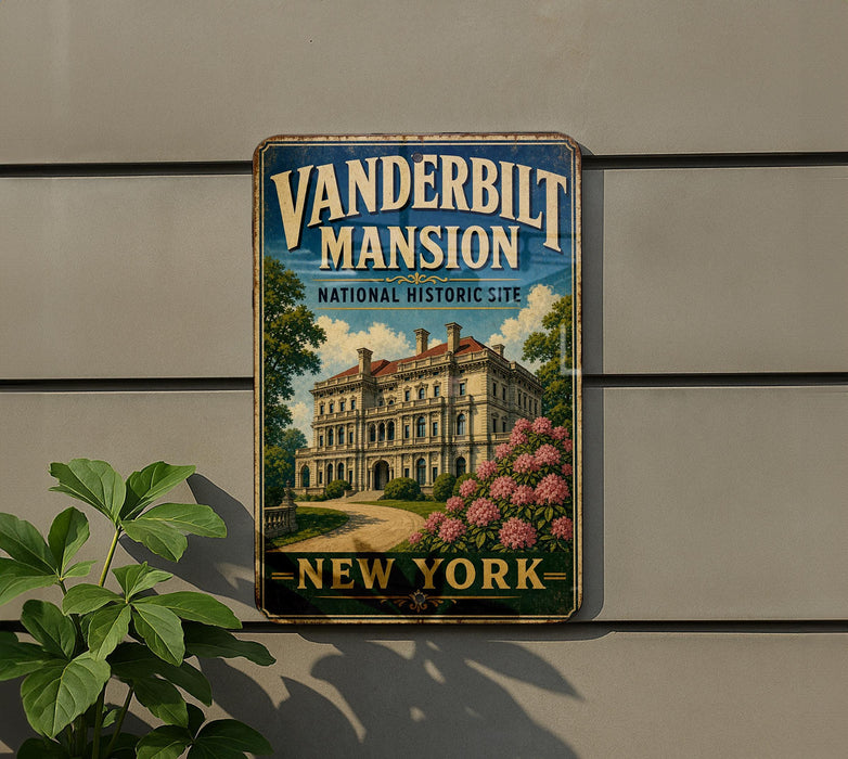 A vintage-style metal sign for the Vanderbilt Mansion, a National Historic Site in New York, with a large illustration of the mansion and a path leading to it.