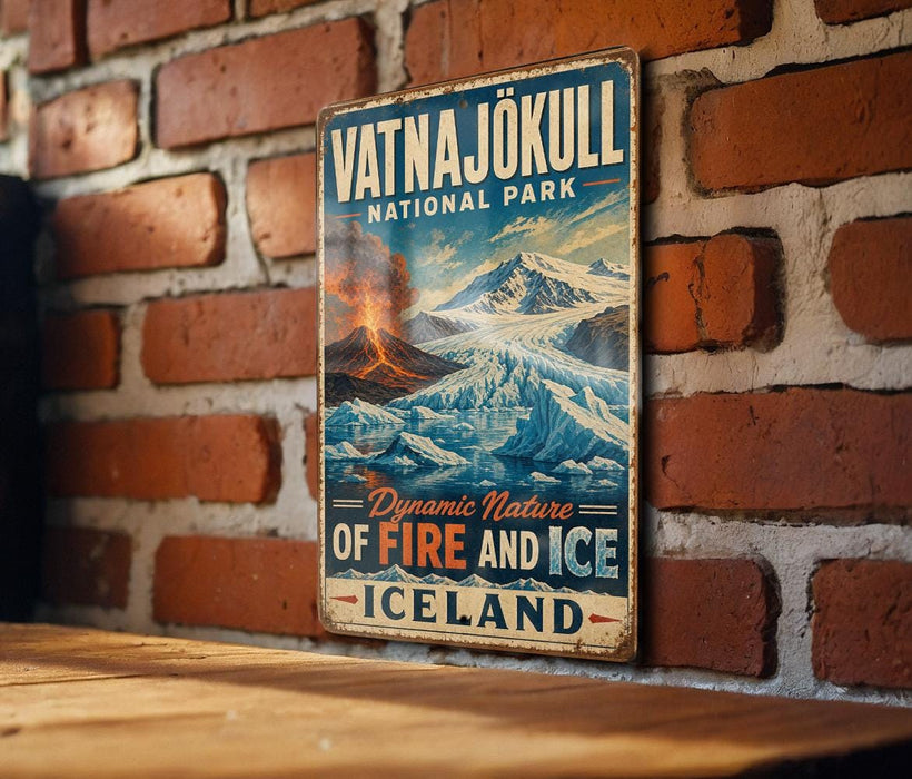 A vintage-style metal sign for Vatnajokull National Park, featuring a mountain landscape with a volcano and ice formations.