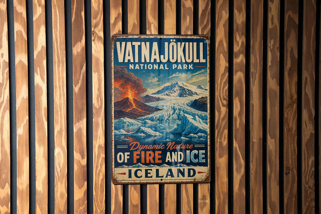 A vintage metal sign for Vatna Jokull National Park, featuring a scenic image of a volcano and ice-covered mountains.