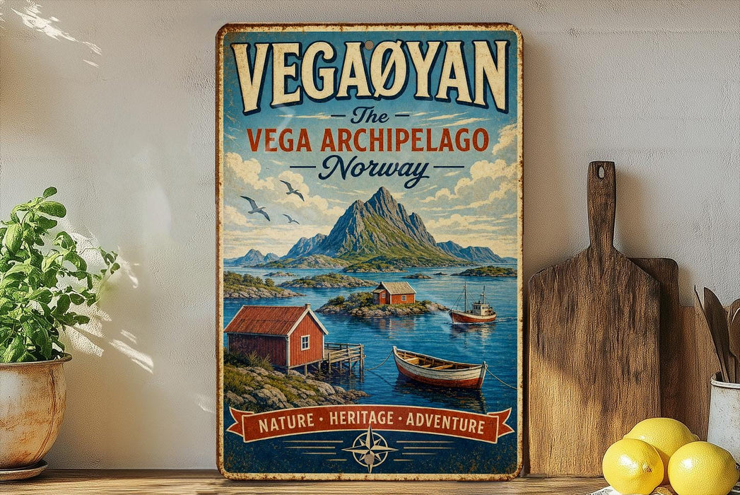 a vintage-style poster of the Vega Archipelago, a Norwegian archipelago, with a scenic landscape of mountains, boats, and a small village.