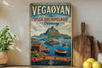 a vintage-style poster of the Vega Archipelago, a Norwegian archipelago, with a scenic landscape of mountains, boats, and a small village.