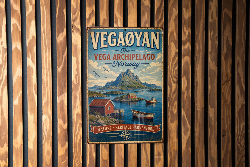 A vintage metal sign with a scenic illustration of a coastal landscape, featuring mountains, boats, and a wooden fence in the background.