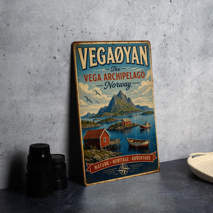 A vintage travel poster for the Viking Archipelago in Norway, featuring a scenic landscape with mountains, boats, and a small village.