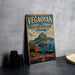 A vintage travel poster for the Viking Archipelago in Norway, featuring a scenic landscape with mountains, boats, and a small village.