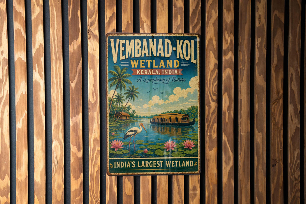 A vintage-style metal sign advertising Vembanad-Kol Wetland, a famous landmark in Kerala, India.