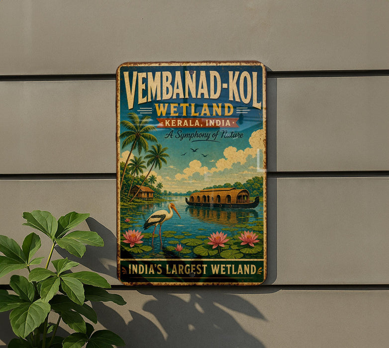 A vintage metal sign advertising Vembanad-Kol Wetland, a famous natural attraction in India.