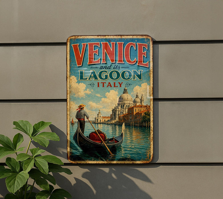 A vintage metal sign with the text "VENICE and its LAGOON ITALY" and an illustration of a gondola on the water, with a domed building in the background.