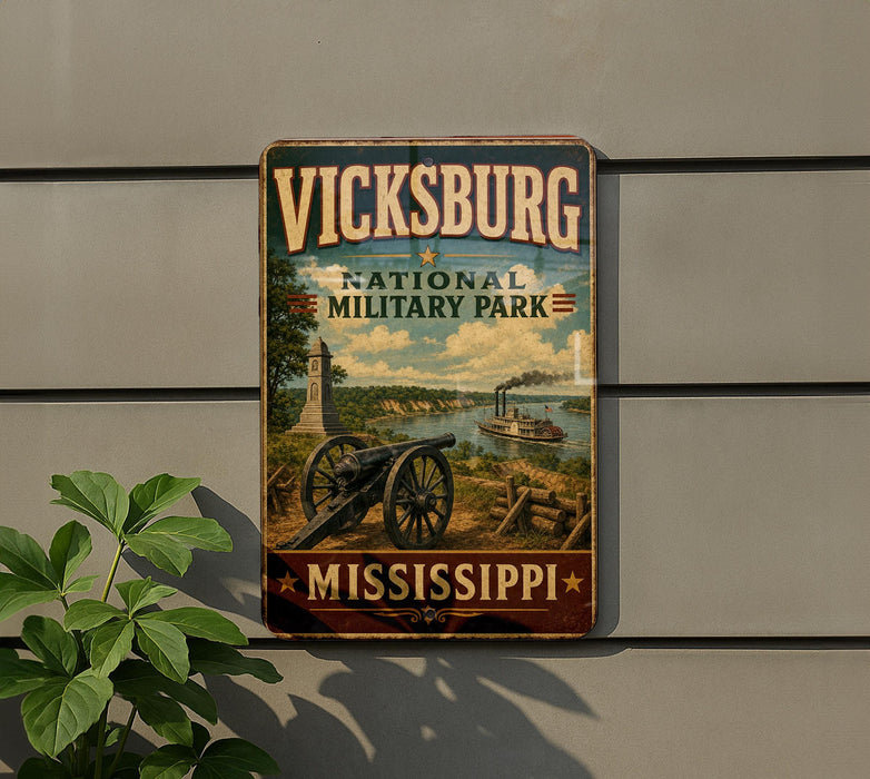 A vintage-style metal sign for Vickburg National Military Park, featuring a cannon and a river, is displayed on a wall.