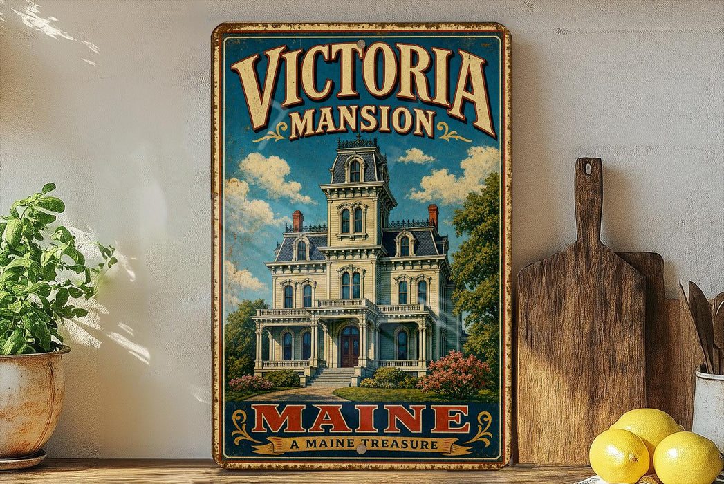 A vintage-style metal sign for "Victoria mansion" in Maine, featuring an illustration of a large, ornate Victorian-style mansion surrounded by trees and flowers.
