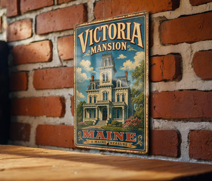 A vintage-style metal sign for "Victoria mansion" is displayed on a brick wall, featuring an illustration of a large, ornate mansion with a prominent tower.