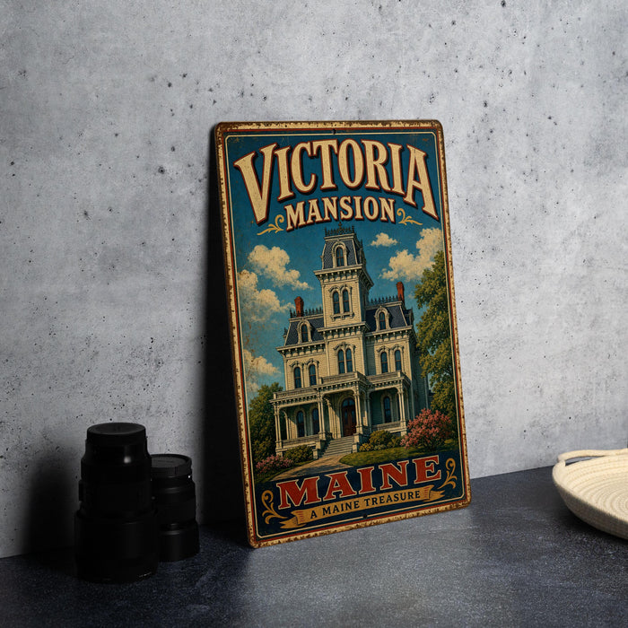 A vintage-style metal sign for Victoria Mansion in Maine, featuring an illustration of the mansion and the text "MAINE MAINE A MAINE TREASURE".