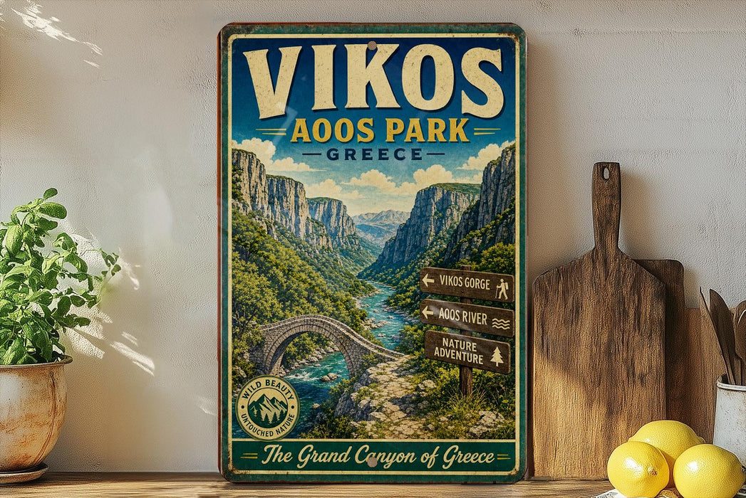 A vintage-style sign for Vikos Aoos Park in Greece, featuring a scenic mountain landscape with a bridge and river.