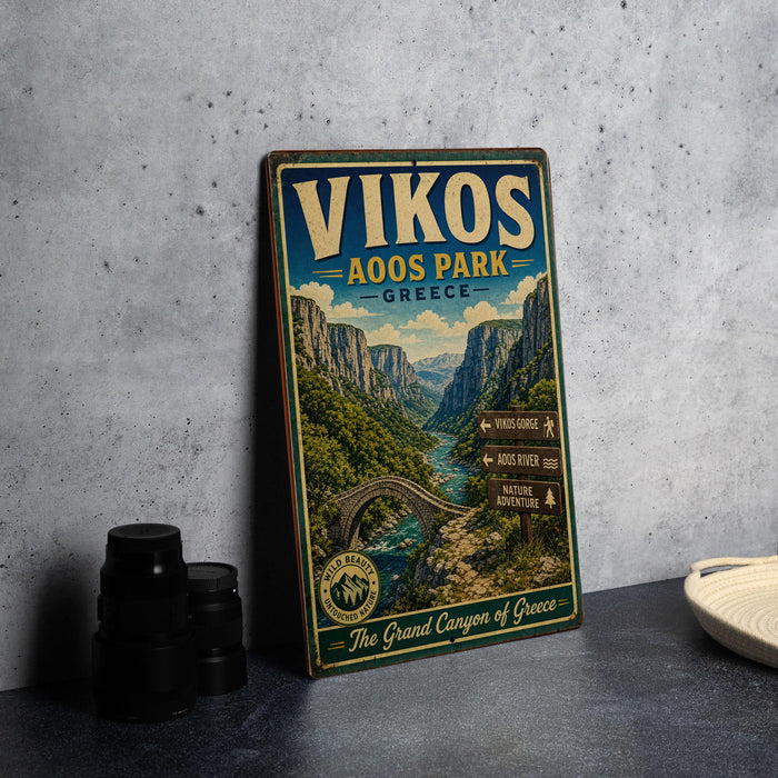 A vintage-style metal sign for Vikos Aios Park in Greece, featuring a scenic mountain landscape with a river and bridge.
