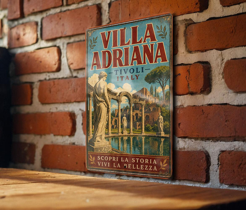 A vintage-style poster of the Villa Adriana in Tivoli, Italy, displayed on a brick wall.