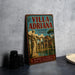 A vintage-style metal sign for Villa Adriana in Tivoli, Italy, featuring a classical statue and a scenic view of the villa.
