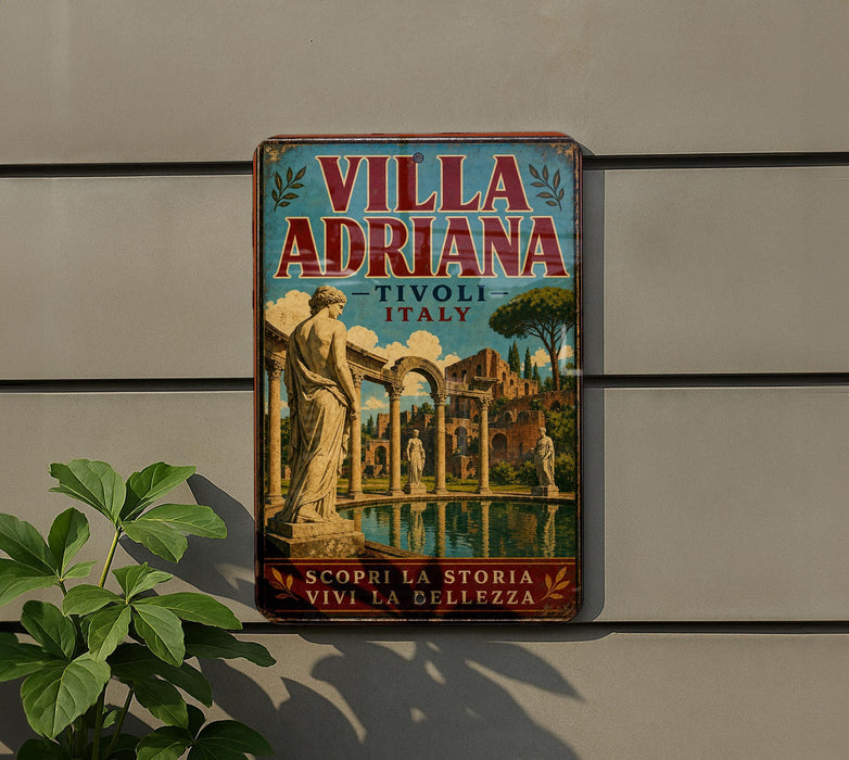a vintage-style metal sign with the text "VILLA ADRIANA - TIVOLI ITALY" and a depiction of a classical architectural structure, likely a temple or monument, with a statue in the foreground.