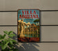 a vintage-style metal sign with the text "VILLA ADRIANA - TIVOLI ITALY" and a depiction of a classical architectural structure, likely a temple or monument, with a statue in the foreground.
