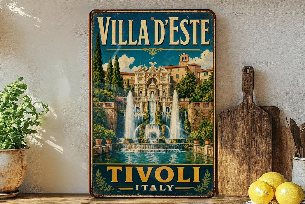 A vintage-style poster of the Villa d'Este in Tivoli, Italy, featuring a fountain and a building with a dome.