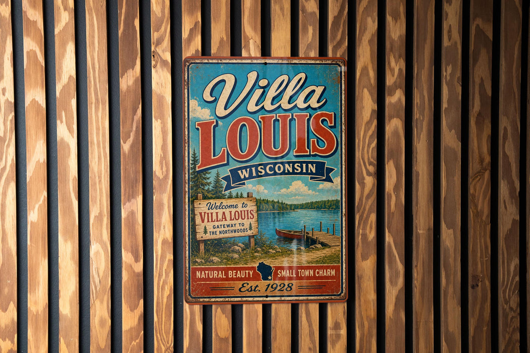A vintage-style metal sign for Villa Louis Wisconsin, featuring a scenic landscape with a lake and pine trees.