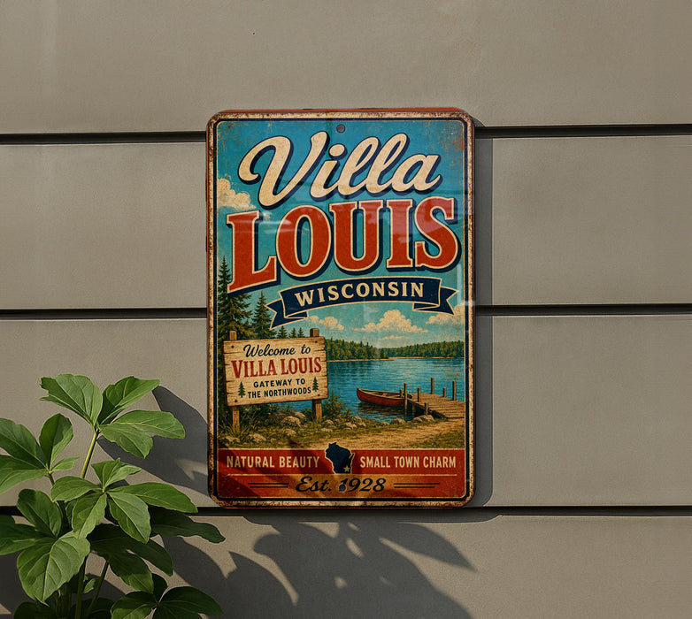 A vintage-style metal sign for Villa Louis, Wisconsin, mounted on a wall.