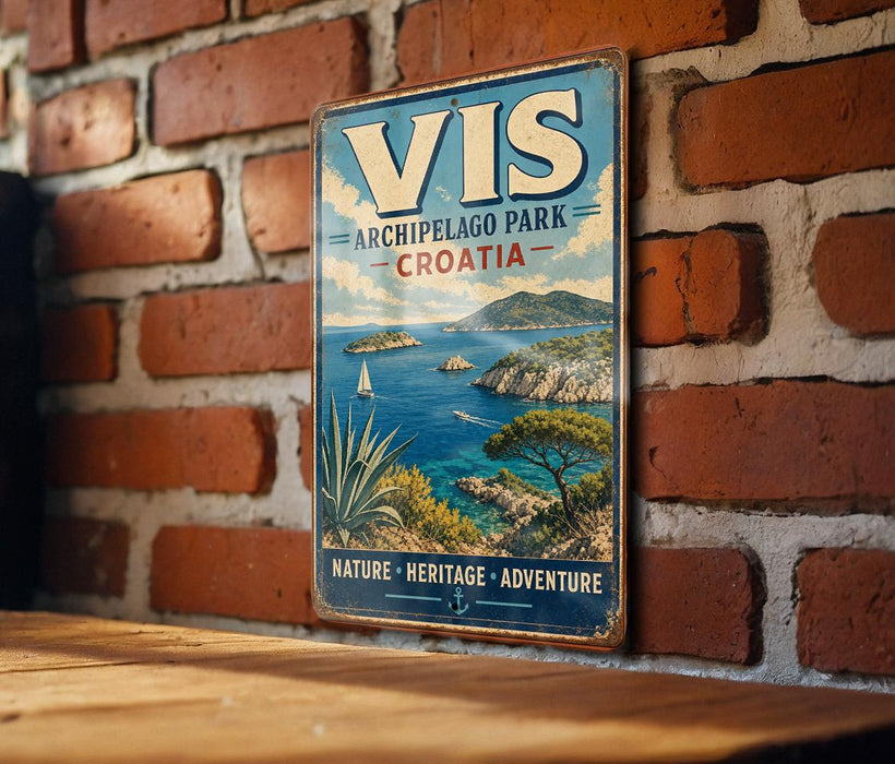 A vintage-style sign for VIS Archipelago Park in Croatia, featuring a scenic coastal landscape with a sailboat and palm trees.