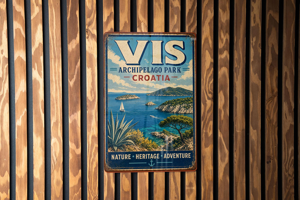 A vintage-style metal sign with the text "VIS Archipelago Park Croatia" and a scenic image of a coastal landscape with a sailboat, palm trees, and mountains.