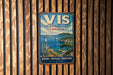 A vintage-style metal sign with the text "VIS Archipelago Park Croatia" and a scenic image of a coastal landscape with a sailboat, palm trees, and mountains.