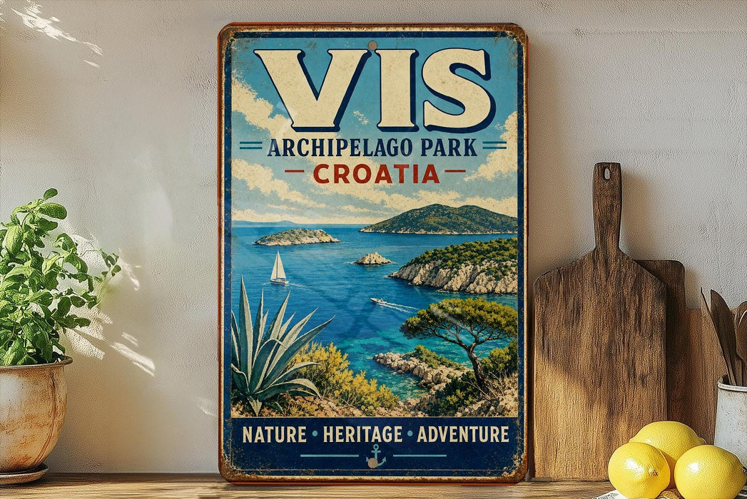 A vintage-style metal sign with the text "VIS ARCHIPELAGO PARK - CROATIA" and a scenic illustration of a coastal landscape with a sailboat, palm trees, and mountains.