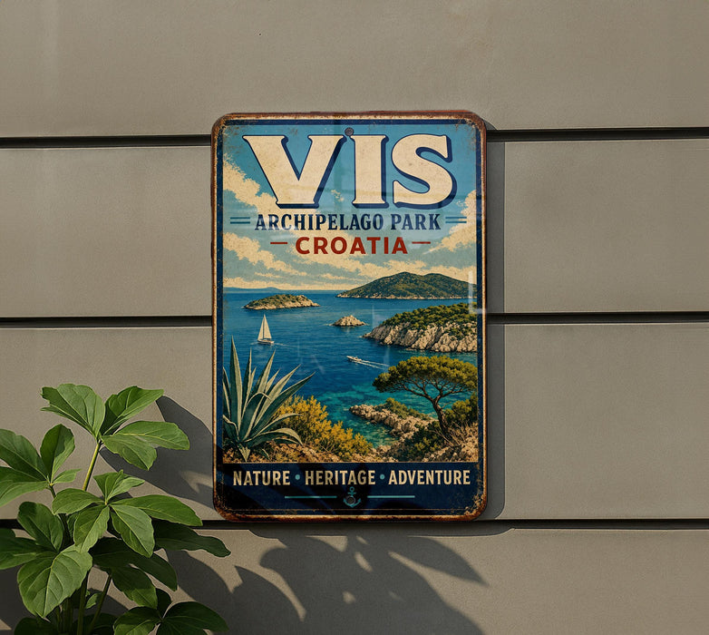 A vintage-style metal sign with a scenic coastal view of Archipelago Park, Croatia, featuring a sailboat and lush vegetation.