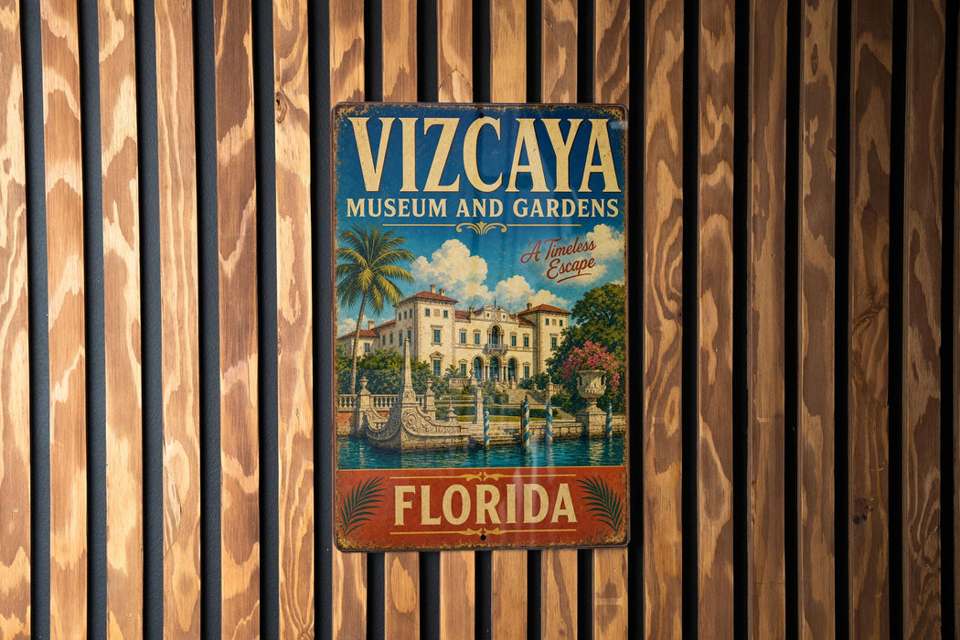 A vintage metal sign for the Vizzaya Museum and Gardens in Florida, featuring a tropical scene with palm trees and a building.