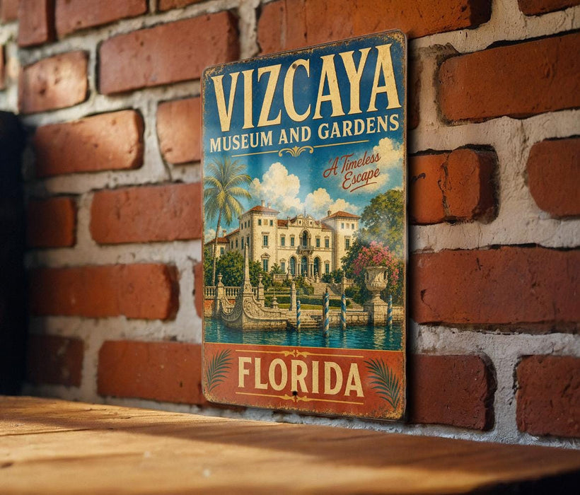 A vintage metal sign for the Vizcaya Museum and Gardens in Florida, featuring an illustration of the landmark and the text "A Timeless Escape" and "FLORIDA".