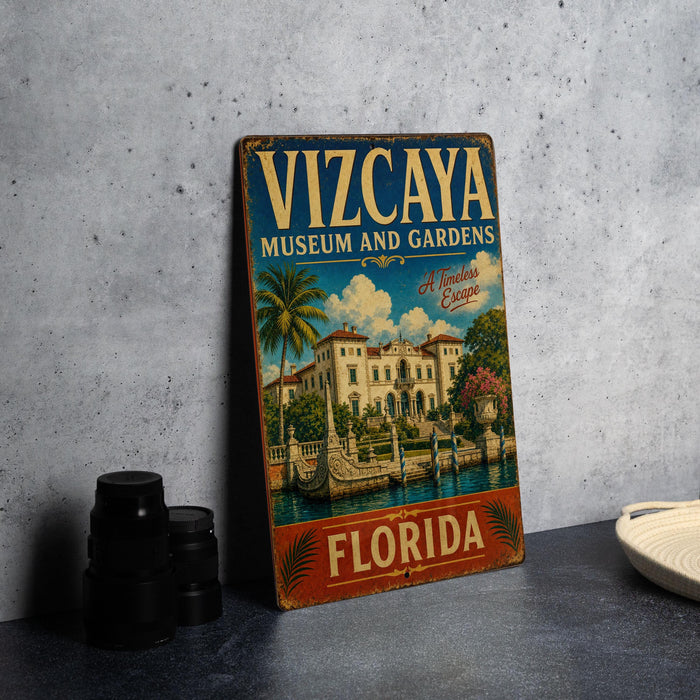 A vintage metal sign for the Vizcaya Museum and Gardens in Florida, featuring an illustration of a palace and palm trees.