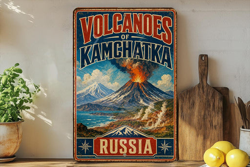 A vintage-style sign advertising "Volcanoes of Kamchatska" in Russia, featuring a painting of a volcano with a mountain range in the background.