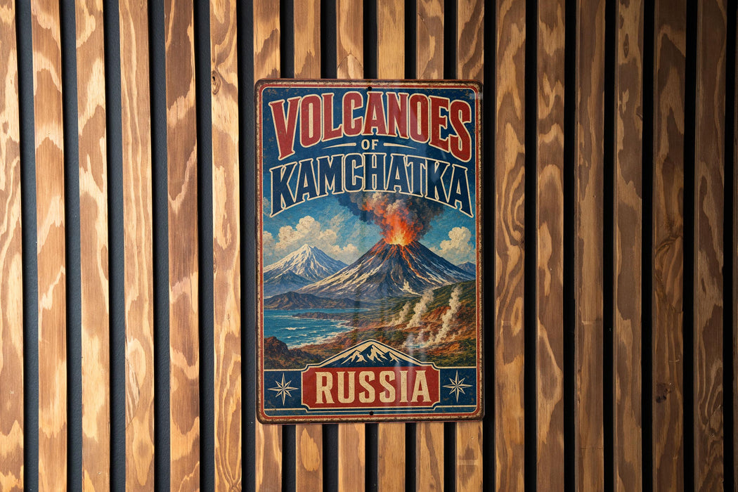 A vintage metal sign with the text "VOLCANoes of Kamchatka" and "RUSSIA" is displayed on a wooden wall.